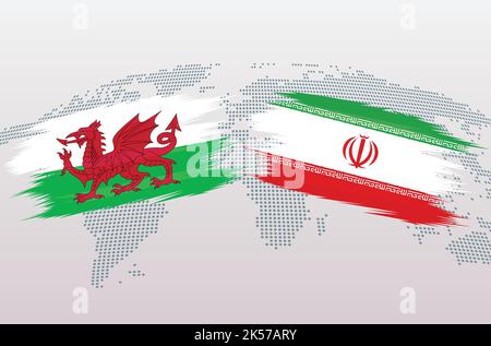 Fußball von Wales gegen Iran in Flaggen-Design auf der Weltkarte für Fußballturnier, Vektor für Sportmatch-Vorlage oder Banner. Stock Vektor