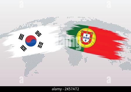 Südkorea vs Portugal Fußball in Flaggen-Design auf der Weltkarte Hintergrund für Fußballturnier, Vektor für Sportmatch Vorlage oder Banner. Stock Vektor