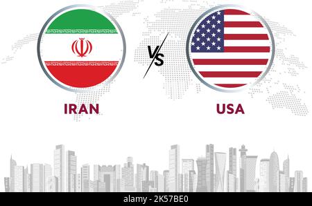 Iran vs USA Fußballball im Flaggendesign auf Qatar Skyline Hintergrund für Fußballturnier, Vektor für Sportmatch Vorlage oder Banner. Stock Vektor