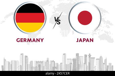 Deutschland vs Japan Fußball in Flaggen-Design auf Katar Skyline Hintergrund für Fußballturnier, Vektor für Sportmatch Vorlage oder Banner. Stock Vektor