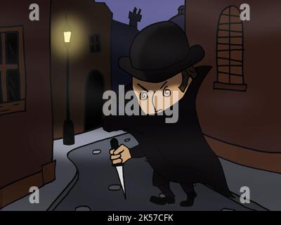 Lustige Karikatur eines verrückten Jack the Ripper, der durch die Hinterstraßen von Ost-London zieht. Stockfoto