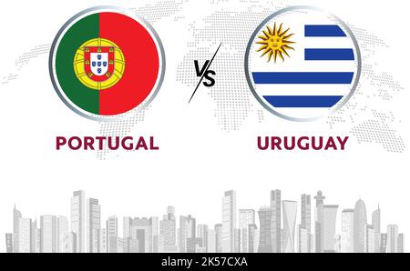 Portugal vs Uruguay Fußballball in Flaggen-Design auf Katar Skyline Hintergrund für Fußballturnier, Vektor für Sportmatch Vorlage oder Banner. Stock Vektor