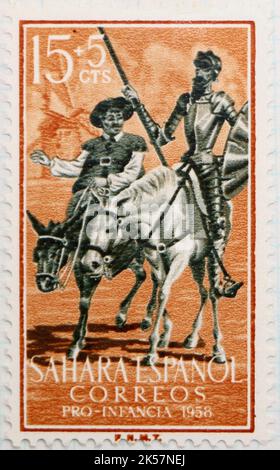 Foto einer Briefmarke der Spanischen Sahara mit einem Bild von Don Quijote und Sancho Panza Pro-Children Serie 1958 Stockfoto