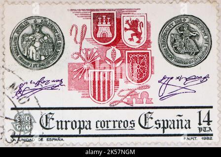 Foto einer spanischen Briefmarke aus der Serie der historischen Ereignisse, ausgestellt in 1982 Arms Seals & Signatures Europa Spanish Unity Stockfoto