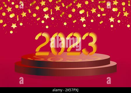 Neujahr 2023 im stil von 3D. Podium mit Kreisen, Sternen, Bändern auf einem roten horizontalen Hintergrund. Vektorgrafik. Stock Vektor