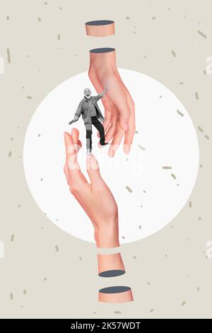 Exklusive Zeitschrift Bild Skizze Bild der Arme Unterstützung Tacking Pflege glücklich lächelnd Senior Kerl mit fum isoliert Malerei Hintergrund Stockfoto