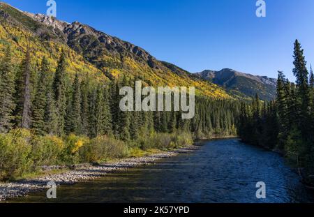 Cottonwood River und Herbstfarbe von einer Brücke auf der British Columbia Route 37, dem Cassiar Highway in Kanada aus gesehen. Stockfoto