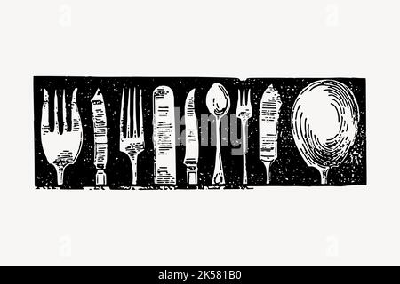 Besteck, Messer und Gabel, Löffel, Gabellöffel, Gabelmesserlöffel, Icon, vintage Illustrationen, Löffelgabel, vintage Besteck, antik, Kunst Stock Vektor