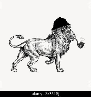 löwe, Tier, vintage Illustrationen, schwarz und weiß, Detective vintage, löwe, Illustration, Löwe, Rauchen, Tiere Illustration, Rauchender han Stock Vektor