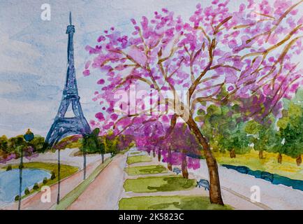 Pariser Stadtbild, Eiffelturm mit Frühlingskirschblüte in Frankreich. Aquarellmalerei Stockfoto