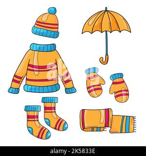 Set Herbstkleidung in gelb-oranger Farbe. Pullover, Hut, Schal, Socken, Fäustlinge und Regenschirm. Cartoon-Symbole auf weißem Hintergrund. Stock Vektor