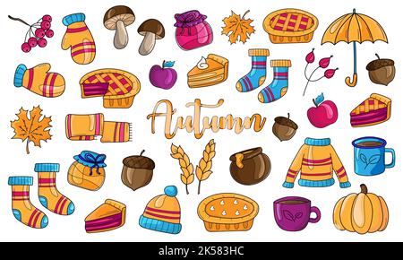 Herbst Wald und Garten Sammlung. Designelemente im Cartoon-Stil für die Herbstsaison. Kürbis, Pilz, Kuchen, Kleidung. Vektorgrafik auf Weiß. Stock Vektor