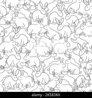 Kaninchen Tier Kunst Linie, Vektor moderne nahtlose Muster auf weiß. Symbol für das chinesische Neujahr 2023 Stock Vektor
