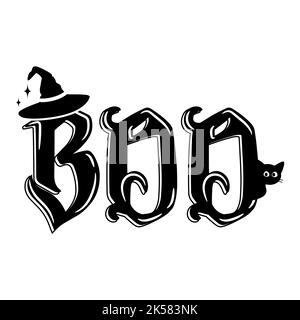 Boo Buchstaben Halloween Karte oder T-Shirt Design mit Hexenhut und schwarzen Katzen Dekorationen Stock Vektor