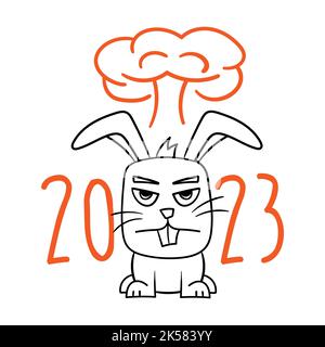 Wütender Hase. Symbol von 2023. Hartes Jahr. Eine Explosion hinter dem Rücken eines Zeichentrickkaninchens. Cartoon-Illustration eines lustigen Hasen isoliert auf weiß Stock Vektor