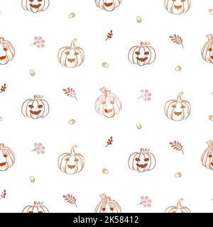 Herbst Halloween Kürbisse orange und beige nahtlose Muster Hintergrund mit Eichel und Blätter Stock Vektor