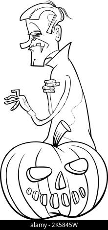 Schwarz-Weiß-Cartoon-Illustration von Vampir-Charakter mit Halloween Kürbis Ausmalungsseite Stock Vektor