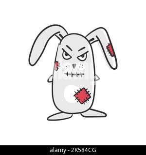 Angry Bunny digitales Design für die Gestaltung von Dekor und Druck auf T-Shirts, Kappen. Vektor auf Weiß. Plüschkaninchen mit eingenähten Patches. Stock Vektor