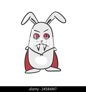 Cartoon Kaninchen Vampir. Illustration für Halloween-Karten auf weiß. Hase mit roten Augen, Reißzähnen und einem Vampirmantel Stock Vektor