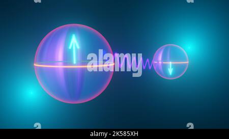 Quantum Computing - gruselige Aktion auf Distanz - Verschränkung, gemessen, Qubit-Zustände dargestellt durch Bloch-Kugeln, 3D Rendering Stockfoto