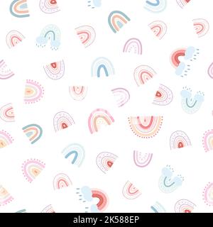 Nahtloses Muster mit handgezeichneten Regenbögen, Herzen, Wolken, Regentropfen. Vektor-Hintergrund mit bunten Pastell Regenbogen kindisch skandinavischen Stil für Stock Vektor