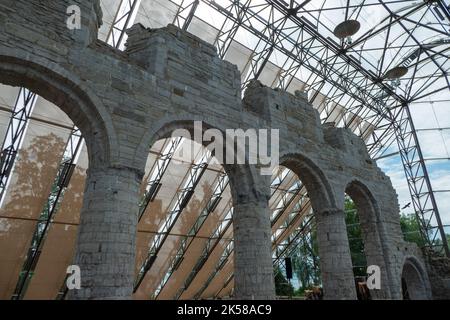 Historische Ruine der Kathedrale in Hamar, geschützt durch Glaslager Stockfoto