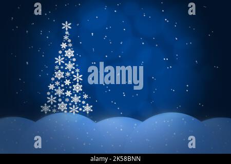 Der Weihnachtsbaum des neuen Jahres besteht aus weißen Schneeflocken verschiedener Formen, Schneefall und Schneeverwehungen auf blauem Hintergrund. Stockfoto