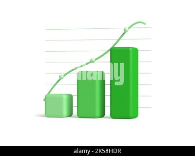 Grünes Balkendiagramm auf weißem Hintergrund isoliert. Positiver Trend. Gewinn. Diagramm wird größer. 3D Abbildung. Stockfoto