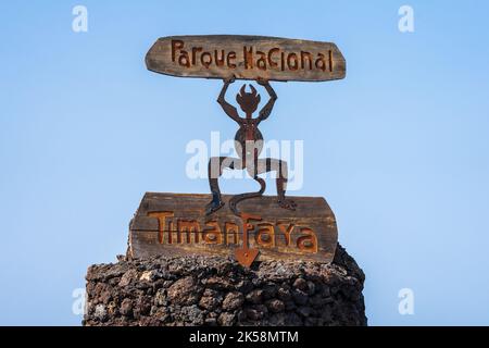Zeichen des Timanfaya Nationalparks, Lanzarote, Kanarische Inseln, Spanien. Stockfoto