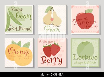 Ein Set aus sechs niedlichen Karten mit lustigen Obst- und Gemüsedesigns. Stock Vektor