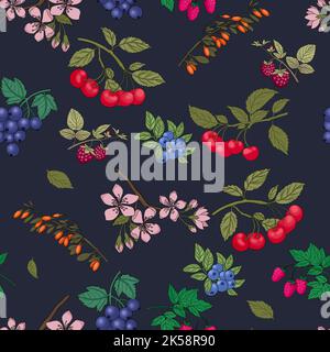Nahtloses botanisches Muster, heller natürlicher Druck mit Heidelbeersträuchern, Kirsche, Preiselbeere, Himbeere. Sommer Botanik Hintergrund mit blauen Beeren Stockfoto