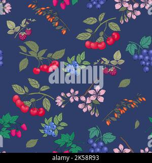 Nahtloses botanisches Muster, heller natürlicher Druck mit Heidelbeersträuchern, Kirsche, Preiselbeere, Himbeere. Sommer Botanik Hintergrund mit blauen Beeren Stockfoto