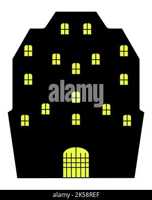 Geheimnisvolles Haus. Silhouette. Vektorgrafik. In den Fenstern des düsteren Gebäudes brennt ein helles Licht. Am Tor befindet sich ein Gitter. Stock Vektor