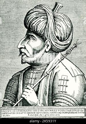 Die Bildunterschrift für dieses Bild von 1910 lautet: „Sultan Selim II. Bild von Antonio Lafreri. Nach einem Original in der Pariser Nationalbibliothek.“ Selim II., Beiname Sari („die Blonde“) (1524 – gestorben 1574) war ab 1566 osmanischer Sultan. Seine Herrschaft sah Frieden in Europa und Asien und den Aufstieg der Osmanen zur Dominanz im Mittelmeer, markierte aber den Beginn des Niedergangs der Macht der Sultane. Er war nicht in der Lage, seine Autorität über die Janissaries aufzuerlegen und wurde von den Frauen seines Harems überstimmt. Stockfoto