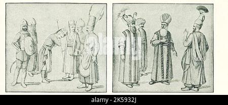 Dieses Bild aus dem Jahr 1910 zeigt die Kleidung von Janissaries. Die Bildunterschrift für dieses Bild von 1910 lautet: „Janissaries“. Janissary, auch geschrieben Janizary, türkischer Yeniçeri („Neuer Soldat“ oder „Neue Truppe“), war vom Ende des 14.. Jahrhunderts bis 1826 Mitglied eines Elitekorps in der ständigen Armee des Osmanischen Reiches. Die Janissaries, die im 15.. Und 16.. Jahrhundert für ihre militärische Stärke hoch geachtet wurden, wurden zu einer mächtigen politischen Kraft innerhalb des osmanischen Staates. In Friedenszeiten waren sie daran gewöhnt, Grenzstädte zu bewachen und die Hauptstadt Istanbul zu überwachen. Sie bildeten die erste Moderne Stockfoto