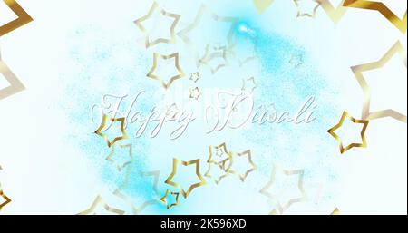 Bild von Sternen über glücklichem diwali-Text mit blauen Punkten auf weißem Hintergrund Stockfoto