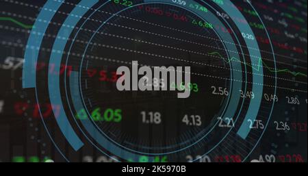 Bild: Oszilloskop-Scan mit Computersymbol über Börse auf schwarzem Hintergrund Stockfoto