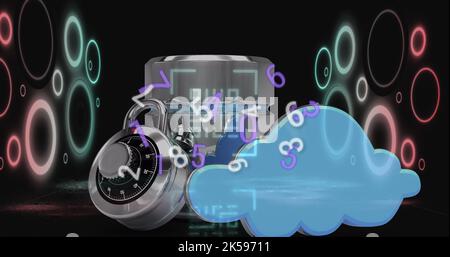 Bild der Datenverarbeitung mit qr-Code über Vorhängeschloss auf schwarzem Hintergrund Stockfoto