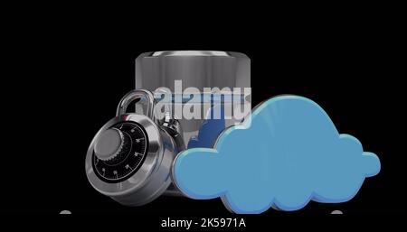 Bild der Datenverarbeitung mit qr-Code über Vorhängeschloss auf schwarzem Hintergrund Stockfoto