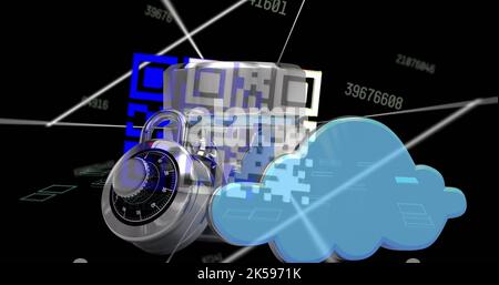 Bild der Datenverarbeitung mit qr-Code über Vorhängeschloss auf schwarzem Hintergrund Stockfoto