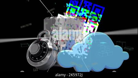 Bild der Datenverarbeitung mit qr-Code über Vorhängeschloss auf schwarzem Hintergrund Stockfoto