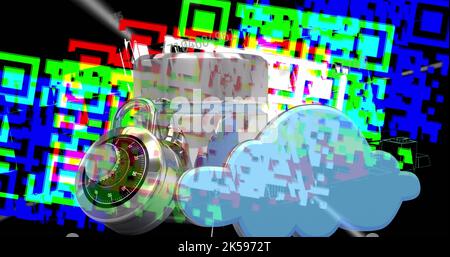 Bild der Datenverarbeitung mit qr-Code über Vorhängeschloss auf schwarzem Hintergrund Stockfoto