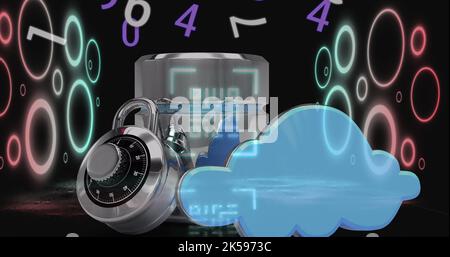 Bild der Datenverarbeitung mit qr-Code über Vorhängeschloss auf schwarzem Hintergrund Stockfoto