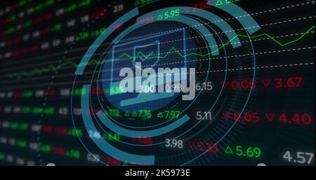Bild: Oszilloskop-Scan mit Computersymbol über Börse auf schwarzem Hintergrund Stockfoto