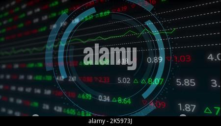 Bild: Oszilloskop-Scan mit Computersymbol über Börse auf schwarzem Hintergrund Stockfoto