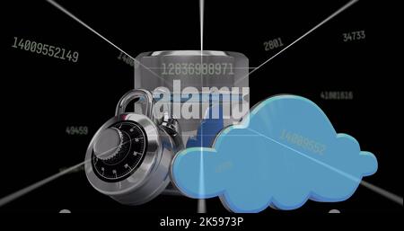 Bild der Datenverarbeitung mit qr-Code über Vorhängeschloss auf schwarzem Hintergrund Stockfoto