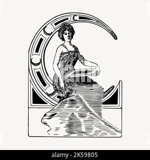 Dame sitzt auf Halbmond Zeichnung, vintage Illustration Vektor. Stock Vektor