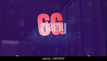 Bild: 6g-Text mit Datenverarbeitung über Serverraum Stockfoto