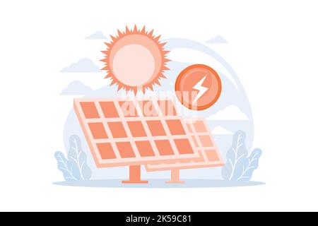 Solartechnologie. Alternative Ressourcen, grüner Strom, erneuerbare Energien. Vektorgrafik Solarbatterien Stock Vektor