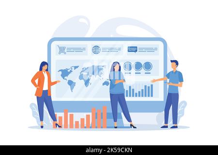 Kleine Geschäftsleute erstellen ein Dashboard und analysieren Statistiken. Dashboard-Service, Online-Reporting-Mechanismus Vektordarstellung Stock Vektor